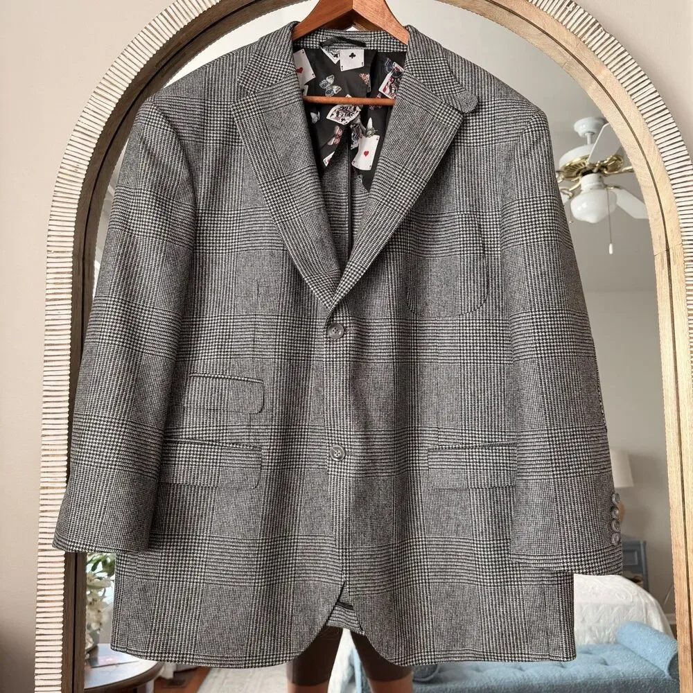 Men’s 50S 100 Wool Prince of Wales Plaid Blazer Sport Coat 2 Button 22 Shoulders